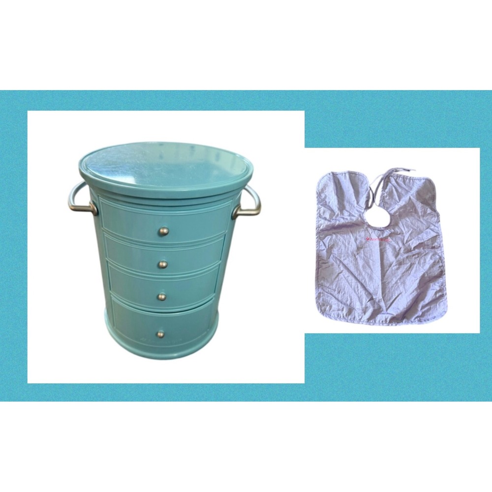 American Girl Doll Salon Stylist Caddy Teal Rolling Storage Drawers + Apron